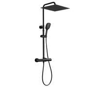 JOHO Columna de Ducha en Acero INOX con Grifo Termostático, Conjunto ducha con Barra Ducha Altura Adjustable, Cabezal Ducha Lluvia 30x30 cm y Mezclador, Negro
