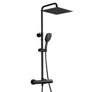 JOHO Columna de Ducha en Acero INOX con Grifo Termostático, Conjunto ducha con Barra Ducha Altura Adjustable, Cabezal Ducha Lluvia 25x25 cm y Mezclador, Negro