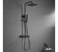 JOHO Columna de Ducha Negro con Grifo Termostático Columna Ducha Termostática Barra Altura Ajustable con Ducha de Mano y Alcachofa para Ducha Lluvia Cuadrada 25x25cm