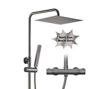 JOHO Columna Ducha con Grifo Termostático, Set Ducha de Altura Ajustable Acero Inoxidable con Alcachofa y Cabezal Ducha lluvia 25x25 cm gris