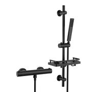 JOHO Termostato ducha grifo griferia termostatica con el botón de seguridad 38 ℃, Columna Ducha con Estante de Ducha, Acero inoxidable Barra de Ducha 70 cm con Ducha de Mano negro mate