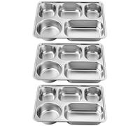 JOINPAYA 3 Piezas Bandeja de Almuerzo de Acero Inoxidable 5 Compartimentos | Rectangular, Apilable Bordes Suaves, para Salsas y Sopa, Servicio Buffet