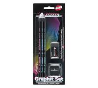 JOLLY Next Generation Graphite Set 3 lápices de grafito HB madera negra, forma redonda con diseño discreto in oma de borrar negra y sacapuntas