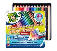 JOLLY Supersticks Kinderfest AQUA - estuche metálico de 24, lápices de colores acuarelables con mina de 3,8 mm, estuche de madera reforzado, para efectos acuarelables vivos