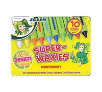 Jolly Superwaxies, lápices de cera para niños, 10 piezas en estuche metálico, diez colores diferentes, permanentes y con cera de abeja, in stuche para limpiar los dedos