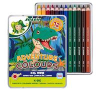 Jolly X-Big Adventure Colours - Juego de 12 lápices de colores para niños extra gruesos con mina XXL de 6,4 mm, irrompibles, alta intensidad de color, incluye pegatinas de dinosaurio, para