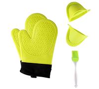 Jonhen Guantes de Silicona Resistentes al Calor Antideslizantes con Forro de algodón para Cocina, Horno, 1 par, Cepillo Extra y Soporte para Maceta (Verde)