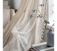 JOOJA 2 Paneles de Cortinas Bohemias de Encaje Semitransparente de Ganchillo, con Bolsillo para cortinero, borlas de algodón Vintage para casa rústica para Dormitorio y salón, Beige, 150 x 160 cm