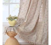 JOOJA Cortinas bohemias vintage de granja, retazos de ganchillo con borlas, encaje de ganchillo, 2 paneles, cortinas con estampado floral para dormitorio, salón, color beige, 150 x 244 cm