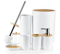 JOTOM Juego de accesorios de baño de bambú de 7 piezas de accesorios de baño de plástico de lujo, dispensador de jabón, juego de baño de regalo (blanco)