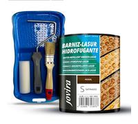 JOVIRA PINTURAS Barniz-Lasur Hidrofugante Protector Satinado al Agua y Kit con Minicubeta, Rodillo de Espuma, Varilla y Paletina. (750 Mililitros, Nogal + Kit Barniz-Lasur) E-33-K
