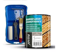 JOVIRA PINTURAS Barniz-Lasur Hidrofugante Protector Satinado al Agua y Kit con Minicubeta, Rodillo de Espuma, Varilla y Paletina. (750 Mililitros, Gris Intemperie + Kit Barniz-Lasur) E-37-K
