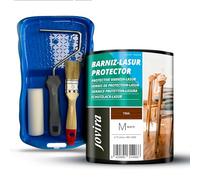 JOVIRA PINTURAS BARNIZ-LASUR Protector MATE al Agua y Kit con Minicubeta, Rodillo de Espuma, Varilla y Paletina. (750 Mililitros, Teka + Kit Barniz-Lasur) F-11-K