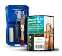 JOVIRA PINTURAS BARNIZ-LASUR Protector MATE al Agua y Kit con Minicubeta, Rodillo de Espuma, Varilla y Paletina. (750 Mililitros, Nogal + Kit Barniz-Lasur)