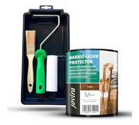 JOVIRA PINTURAS BARNIZ-LASUR Protector MATE al Agua y Kit con Minicubeta, Rodillo de Espuma, Varilla y Paletina. (750 Mililitros, Caoba + Kit Barniz-Lasur) F-2-K