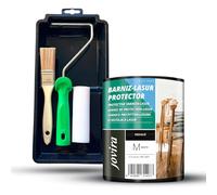 JOVIRA PINTURAS BARNIZ-LASUR Protector MATE alAgua y Kit con Minicubeta, Rodillo de Espuma, Varilla y Paletina. (750 Mililitros, Wengué + Kit Barniz-Lasur) F-8-K