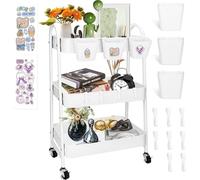 JOYBOY Carrito Auxiliar con Ruedas,Carrito de Cocina,Carro Rodante con Ruedas Bloqueables,Ganchos para Colgar Tazas,Marco de Acero,Carro Servicio 3 Niveles,con Lindas Pegatinas,Blanco