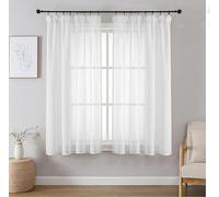 Joydeco Cortinas Visillos Translúcidas de Aspecto Lino con Cinta Fruncidora para Riel 2 Piezas, Visillos Cortas Semitransparente 140x145cm Paras Ventana Habitación Dormitorio - Blanco