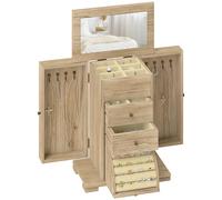 Joyero de Madera de 4 Niveles Joyero Mujer Organizador con 2 Cajones Espejo para Pendientes Anillos Collares Natural Caqui