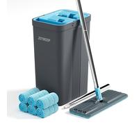JOYMOOP Juego de fregona y Cubo con escurridor, fregonas para Limpieza de Suelos, Limpiador de fregona de Pared con Mango Largo, con 6 Almohadillas de Microfibra Reutilizables, Gris y Azul Cian