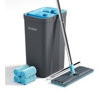 JOYMOOP Juego de fregona y Cubo con escurridor, fregonas para Limpieza de Suelos, Limpiador de fregona de Pared con Mango Largo, con 4 Almohadillas de Microfibra Reutilizables, Gris y Azul Cian