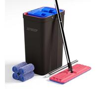 JOYMOOP Juego de mopa y Cubo con escurridor, mopa Plana Manos Libres, 4 Almohadillas Microfibra Lavables, Uso seco y húmedo, Sistema de Limpieza - Negro + Rojo + Azul Pizarra