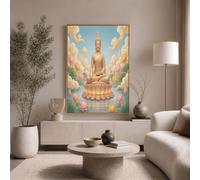 JRISEMECY El Lago De Lotos De Ensueño Lienzo Pared Decorativo Sin Marco, Oro Estatua Oriental Cuadros Pintados Sobre Lienzo Impresiones, Para Sala De Estar Dormitorio Baño Cocina, 30X40Cm