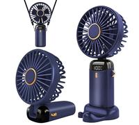 Jsdoin Ventilador de mano portátil, 5 velocidades recargable por USB,funciona con pilas, ventilador plegable de escritorio con pantalla LED para el hogar,oficina,dormitorio,viajes al aire (Azul）