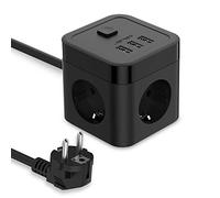 JSVER Cube Regleta Enchufe con USB de 3 Tomas con 3 USB Puertos Alargadera Electrica(3680W 16A) para el hogar, la Oficina y los ViajesCable 1,5 m Negro
