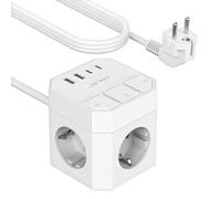 JSVER Cubo Enchufe USB C, Regleta USB 3 Tomas y con Interruptor Individual, 7 en 1 Cubo Regleta con 2 USB A& 2 USB C Enchufe Alargador Multiple Cable 3M-Blanco