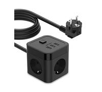 JSVER Regleta Enchufe Cube con USB de 3 Tomas(3680W/16A) con 3 USB Puertos 15,5W Alargadera Electrica con Cable 3M para el hogar, la Oficina y los Viajes Negro