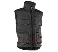 Juba Chaleco multibolsillos de poliéster Oxford/PU, Forro polar 3/4, Negro con detalles naranjas, L