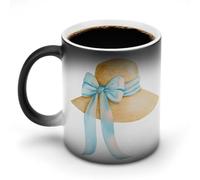 Jubonexis Elegante sombrero de paja con cinta azul suave que cambia de color, taza de café de cerámica que cambia de calor, taza de café novedosa divertida taza de té y agua, 11 onzas