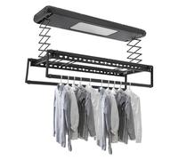 JUDEMII Secador de ropa eléctrico de techo 35kg de capacidad | Altura ajustable (110cm) con mando a distancia y luz LED, 8+2 varillas extensibles, parada anti-obstáculos - Para balcón/baño (Negro)