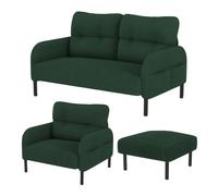 Juego 3 piezas cord - sillón + puf + sofá de 2 plazas con bolsillo lateral, estructura de acero y respaldo extra suave - verde esmeralda