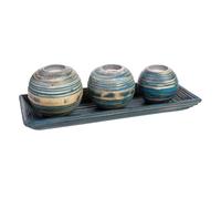 Juego bandeja y 3 portavelas de madera de bambú azul 33x13x3h cm