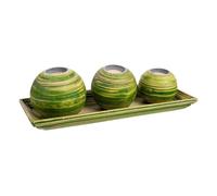 Juego bandeja y 3 portavelas de madera de bambú verde 33x13x3 cm