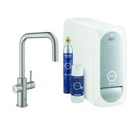 Juego básico monomando de fregadero Grohe Blue Home, 224 mm de alcance, caños en forma de U, con filtro y función de refrigeración, extraíble, 31543DC0, Color: súper acero