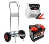 Juego completo: carretilla de mano portabatería GeoTech + batería 60 Ah + cargador Telwin Touring 18