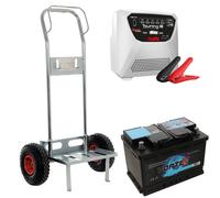Juego completo: carretilla de mano portabaterías GeoTech + batería 100 Ah + cargador Telwin Touring 18