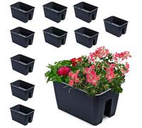 Juego de 10 cajas de balcón de 13 l, jardineras para barandillas, balcones, barandillas, 27,2 x 39,6 cm de alto, 22,5 cm, color antracita, imitación de ratán, cuadrado, de plástico, moderno, glamour