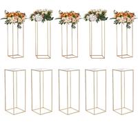 Juego de 10 taburetes con forma de flor, cuadrados, de 28x28x80 cm. Estantería para plantas de hierro, mesa auxiliar moderna, columna para flores con acabado en dorado. Taburetes para plantas, soporte