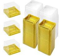 Juego de 100 mini cajas de plástico transparente para cupcakes, con cúpula, cajas individuales para bodas, cumpleaños, suministros de queso, pastelería, postre, pastel de luna (cuadrado, dorado)