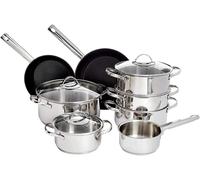 Juego de 11 piezas de utensilios de cocina Amazon Basics, acero inoxidable, apto para inducción, con tapas, color plateado