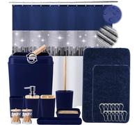 Juego de 12 Piezas de baño con Cortina de Ducha de Lentejuelas, Juego de Accesorios de baño Azul Marino Completo con Cubo de Basura, Soporte para Cepillo de Dientes, Taza para Cepillo de Dientes,