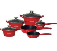 Juego de 12 piezas de ollas para cocinar, apto para inducción, con revestimiento de diamante. Incluye ollas de aluminio y fundición, tapas, y guantes. Color: rojo
