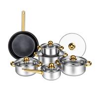 Juego de 12 piezas de utensilios de cocina de acero inoxidable, antiadherente, con mangos dorados, compatible con inducción, juego de cocina, cacerola, sartén, olla. 12 Piece Set