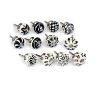 Juego de 12 pomos de cerámica en blanco y negro pintados a mano con diferentes diseños. Tiradores artesanales para armarios, cajoneras, cómodas y colgadores. Pomos cerámicos clásicos de 40mm diámetro