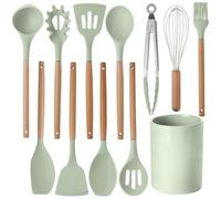 Juego de 12 utensilios de cocina de silicona con mango de madera, resistentes al calor, antiadherentes, espátula, cuchara con cubo de almacenamiento para el hogar, camping, apto para lavavajillas
