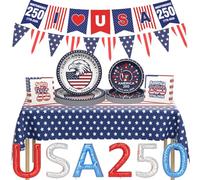 Juego de 123 piezas de suministros para fiesta del 4 de julio para 24 invitados, 250 aniversario, decoración patriótica del Día de los Caídos, incluye platos, servilletas, pancartas, mantel, globo de